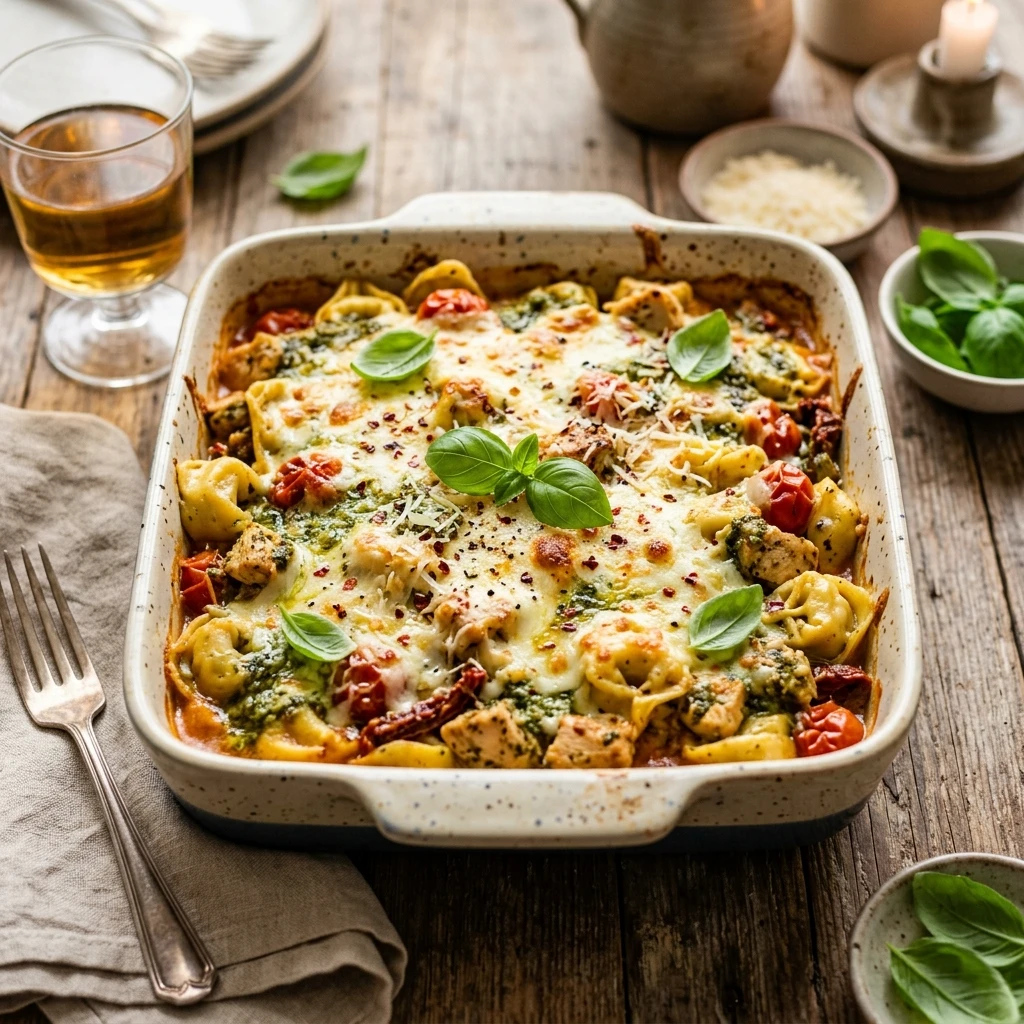 Pesto Chicken Tortellini Bake