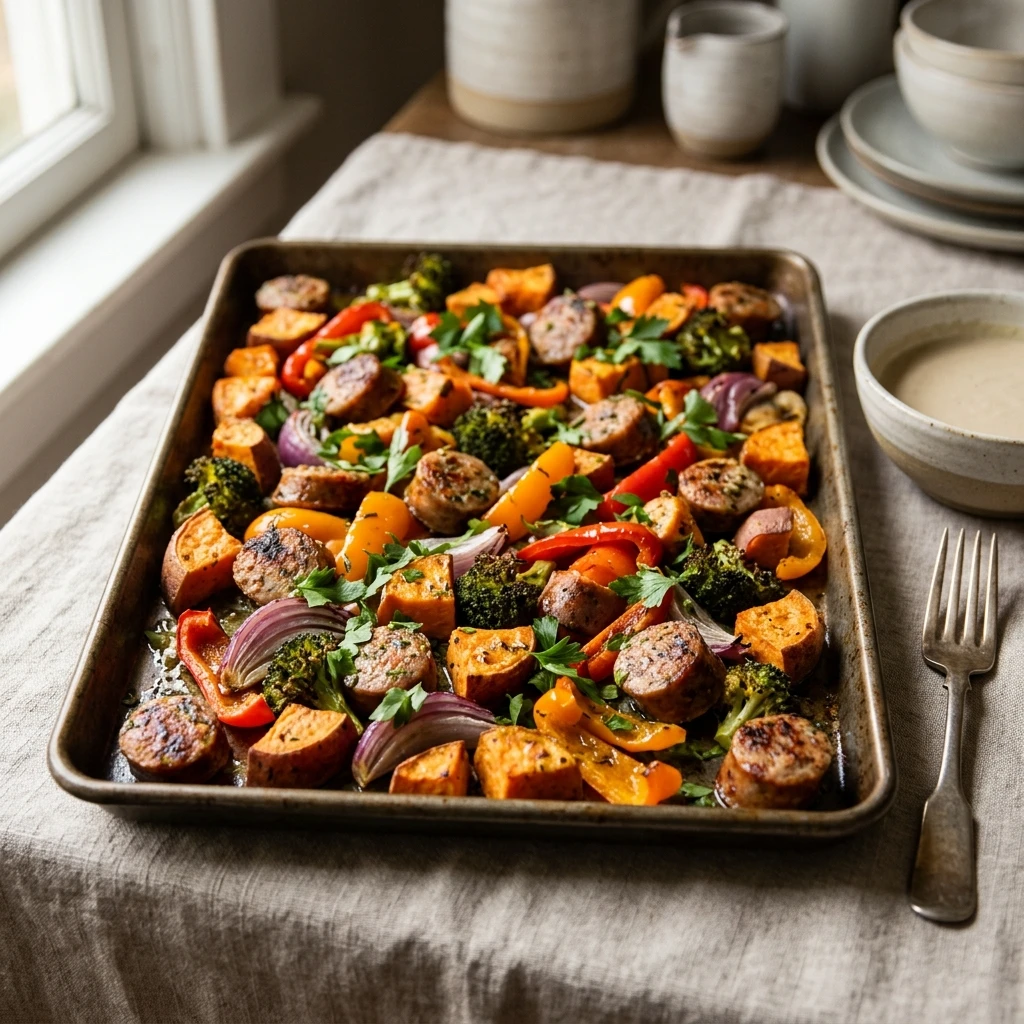 Sheet Pan Sausage And Sweet Potatoes